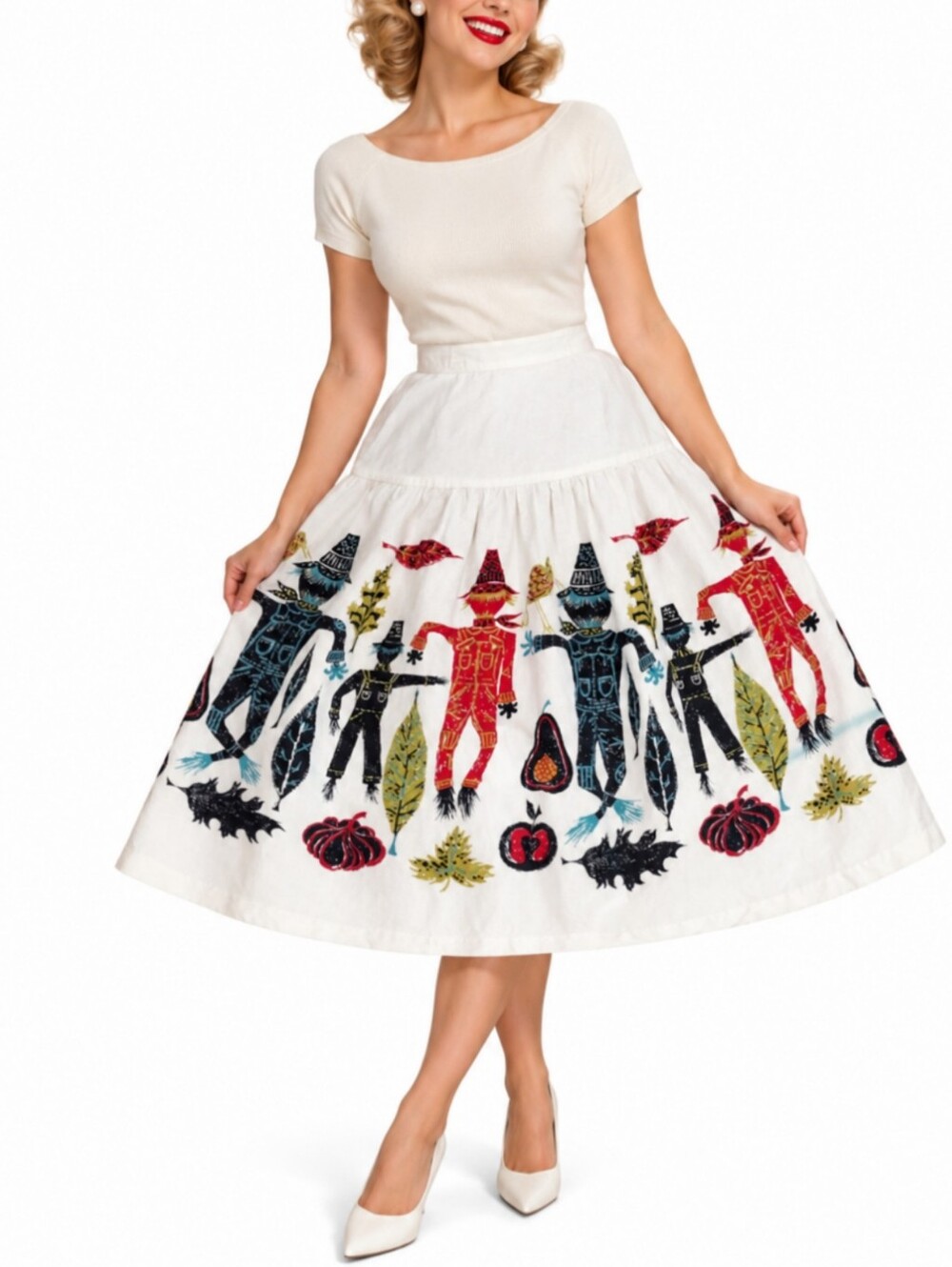 Vtg 1950s Novelty Print Skirt S Fall Atomic Scarecrow Pumpkins Mid Century Swing